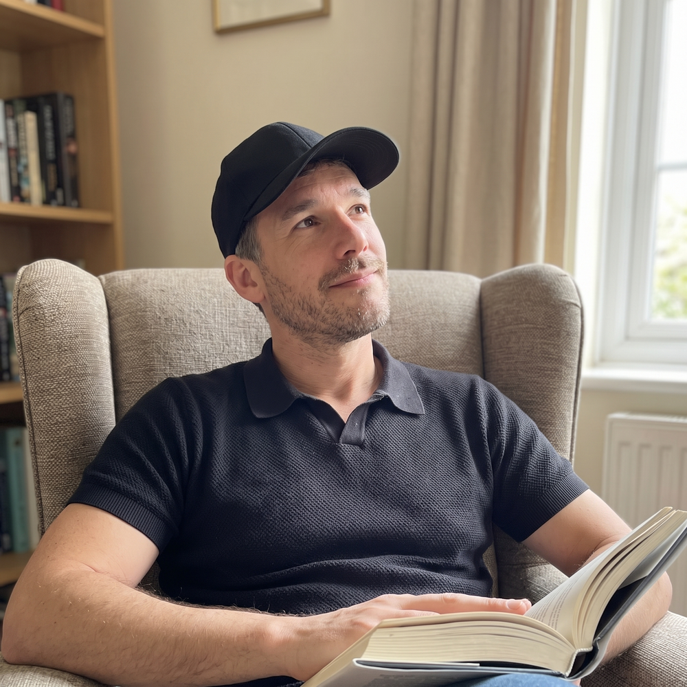 AI-generated illustrative scene 4: person wearing a black cap at home.