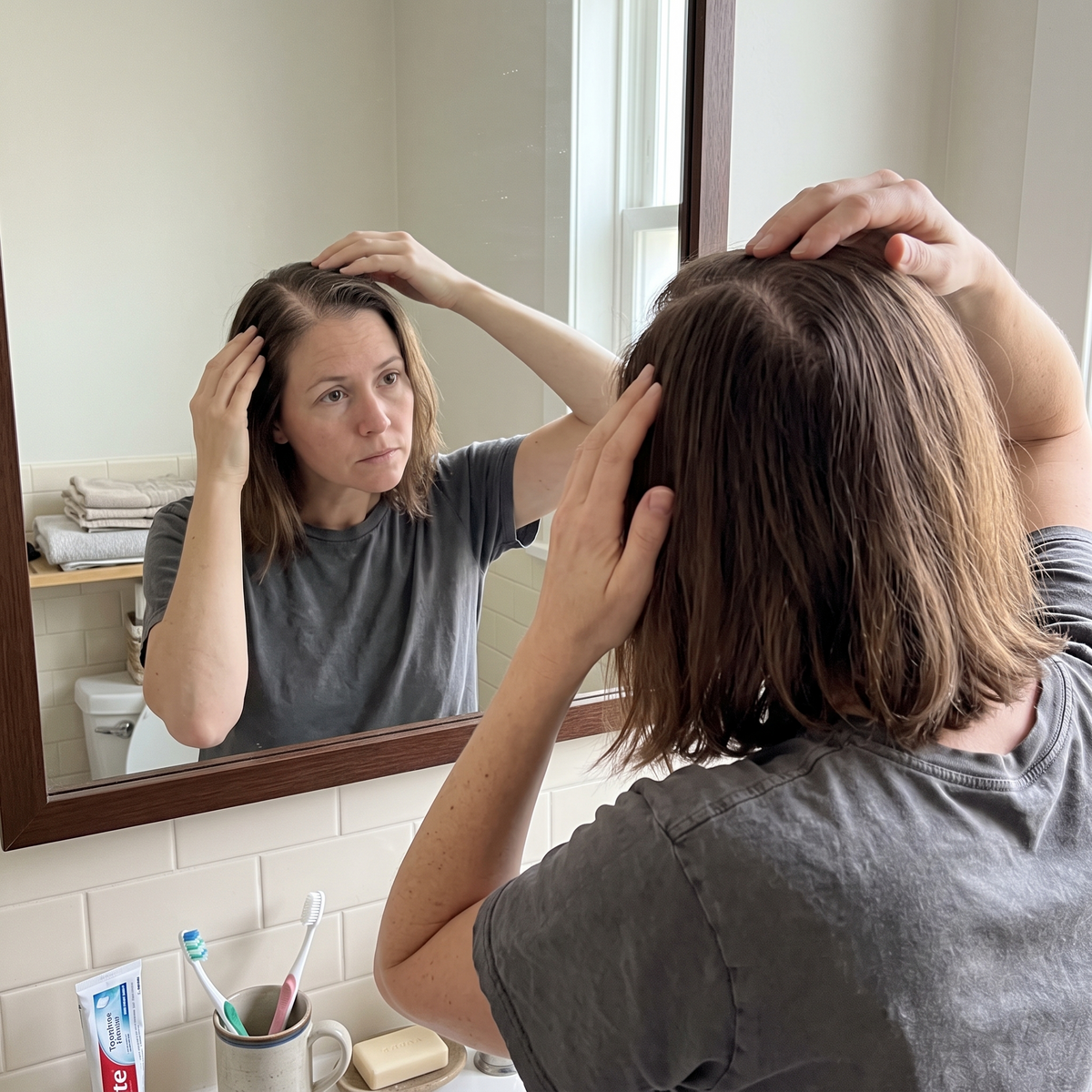 Illustrative lifestyle scene of a woman checking her hair part in a bathroom mirror.