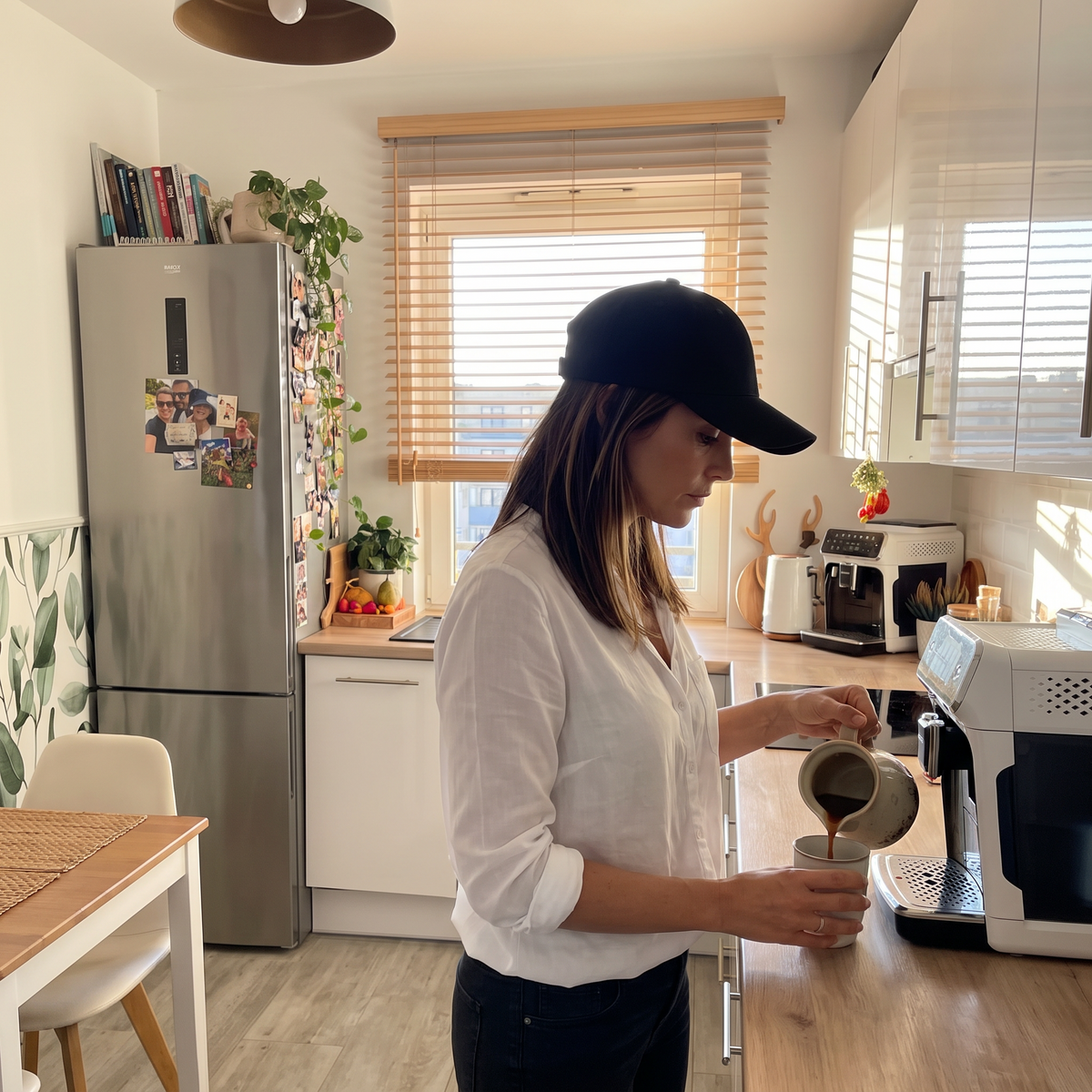 Woman wearing a black Follume cap while pouring coffee in a sunlit home kitchen.
